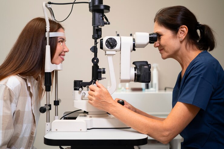 Foto grátis mulher fazendo exame oftalmológico no consultório do oftalmologista