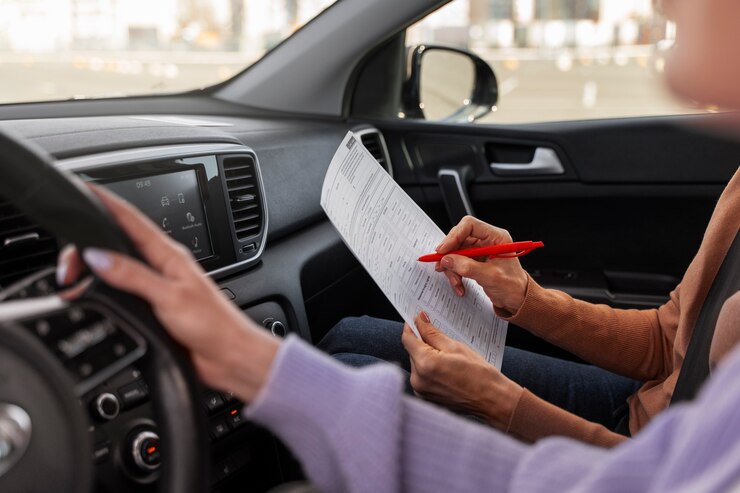 Foto grátis mulher fazendo seu teste de carteira de motorista em veículo