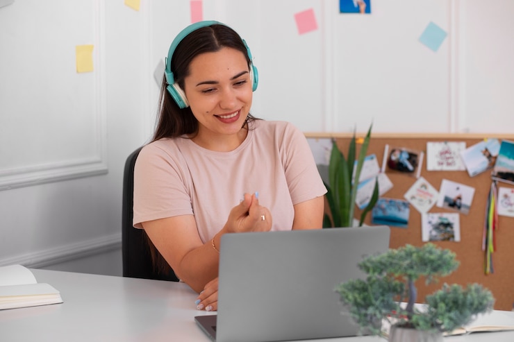 Foto grátis mulher fazendo uma videochamada usando um laptop em casa
