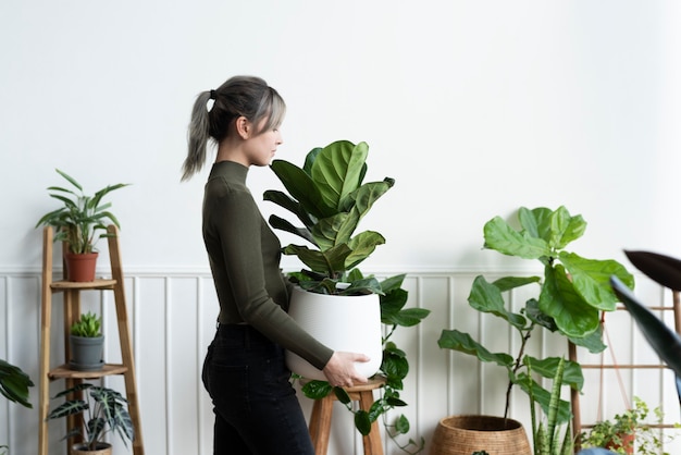 Mulher feliz carregando uma planta de casa