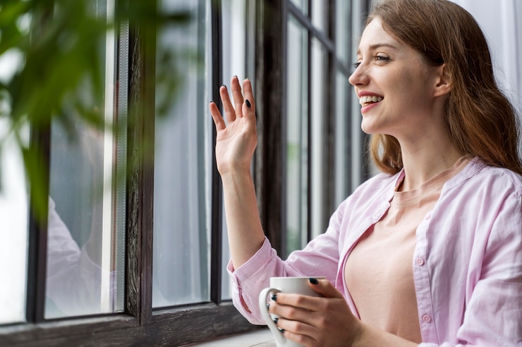Foto grátis mulher feliz com tiro médio segurando a xícara