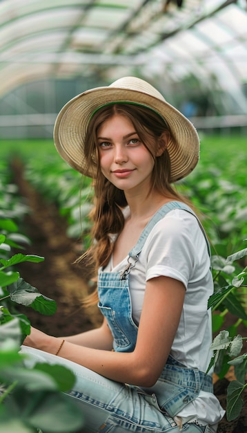 Foto grátis mulher fotorrealista em um jardim orgânico sustentável colhendo produtos