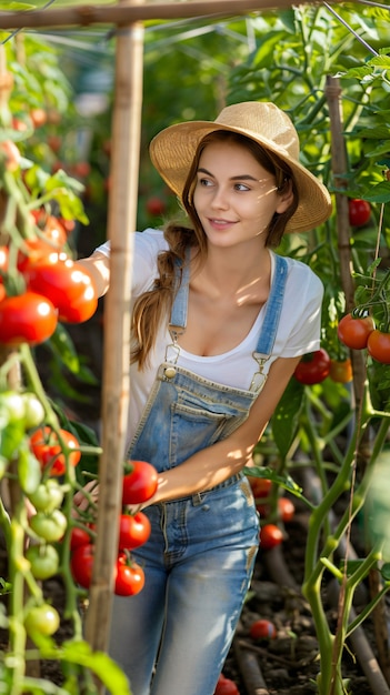 Foto grátis mulher fotorrealista em um jardim orgânico sustentável colhendo produtos