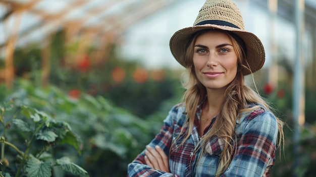 Mulher fotorrealista em um jardim orgânico sustentável colhendo produtos
