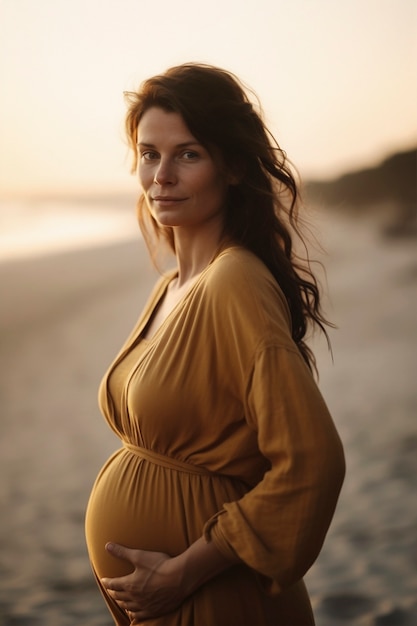 Mulher grávida de tiro médio posando do lado de fora