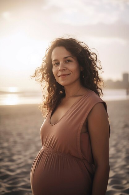 Mulher grávida de tiro médio posando do lado de fora