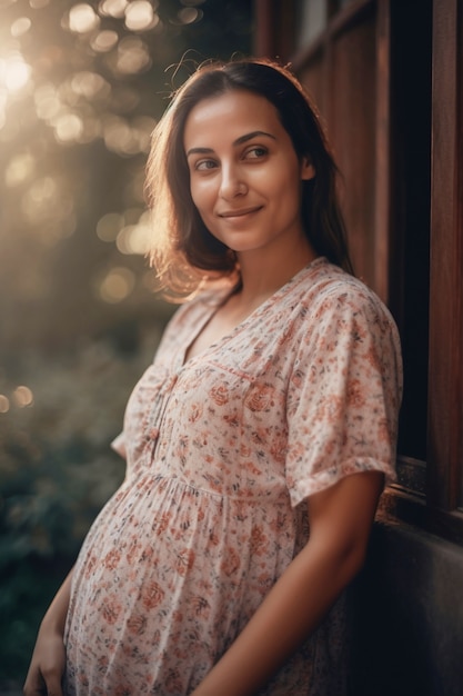 Mulher grávida de tiro médio posando