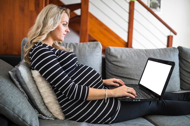 Mulher grávida, sentar sofá, usando computador portátil