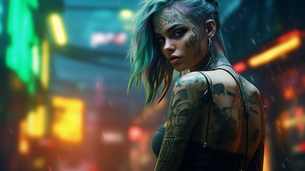 Mulher guerreira cyberpunk em cenário urbano