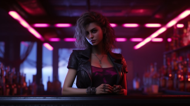 Mulher guerreira cyberpunk em cenário urbano