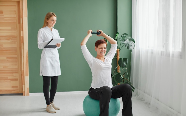 Foto grátis mulher idosa em recuperação cobiçosa fazendo exercícios físicos com halteres enquanto a enfermeira verifica