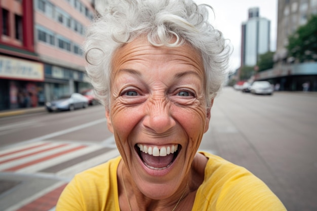 Mulher idosa feliz e surpresa expressão fundo da cidade