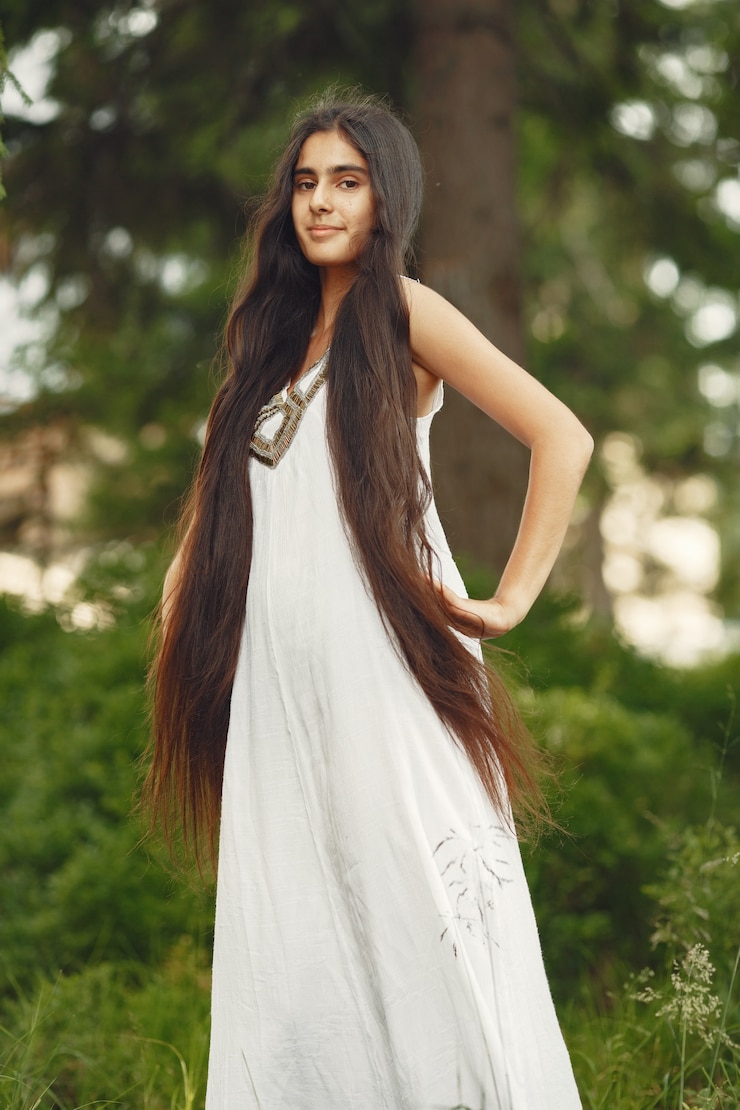 Foto grátis mulher indiana com cabelo comprido. senhora de vestido azul. menina com natureza intocada.