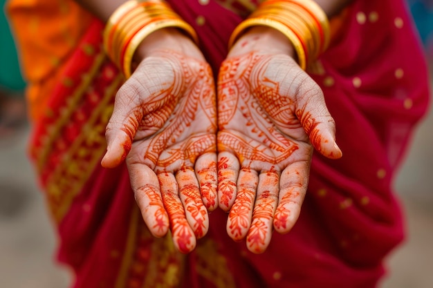 Foto grátis mulher indiana mostrando suas mãos pintadas com decoração de henna