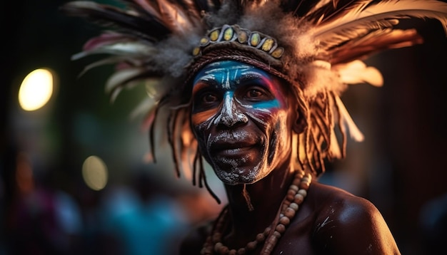 Mulher indígena sorridente em traje tradicional de penas gerado por IA