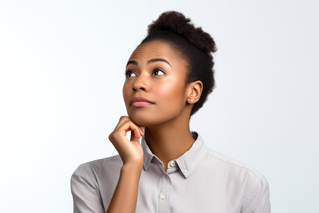 Mulher jovem afro-americana duvidosa pensando ou escolhendo conceito