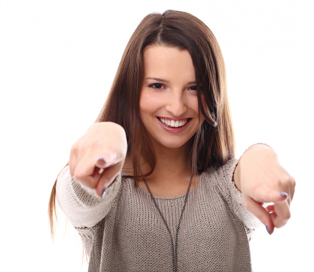 Foto grátis mulher jovem, apontar frente