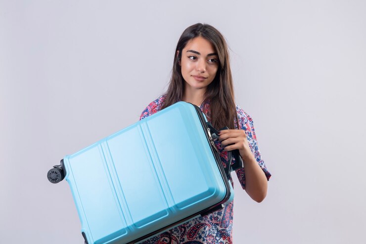 Foto grátis mulher jovem bonita viajante segurando a mala azul, olhando de lado com um sorriso confiante sobre parede branca