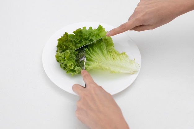 Foto grátis mulher jovem com um distúrbio alimentar com vontade de comer alface