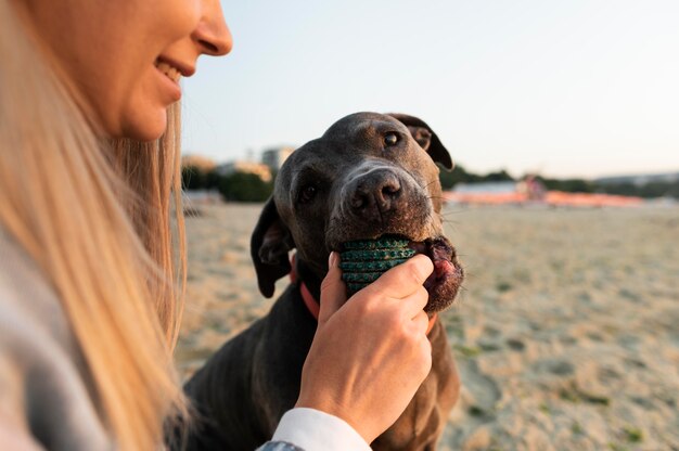 Mulher jovem curtindo um tempo com seu cachorro