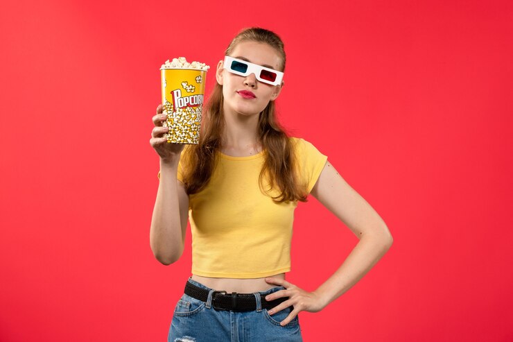 Foto grátis mulher jovem de frente para o cinema segurando um pacote de pipoca em óculos de sol -d na parede vermelha.