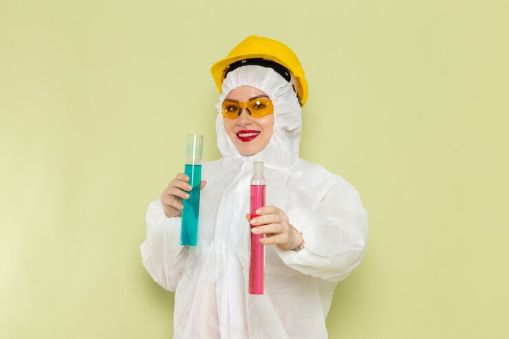 Foto grátis mulher jovem de frente para o terno especial branco e capacete amarelo segurando soluções químicas no espaço verde
