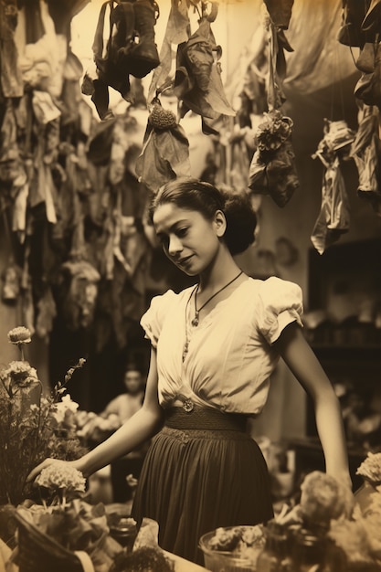 Foto grátis mulher jovem de tom médio posando em retrato vintage