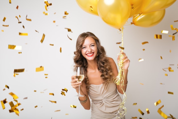 Foto grátis mulher jovem e atraente elegante comemorando o ano novo, bebendo champanhe segurando balões de ar, confetes dourados voando, sorrindo feliz, isolada, usando vestido de festa