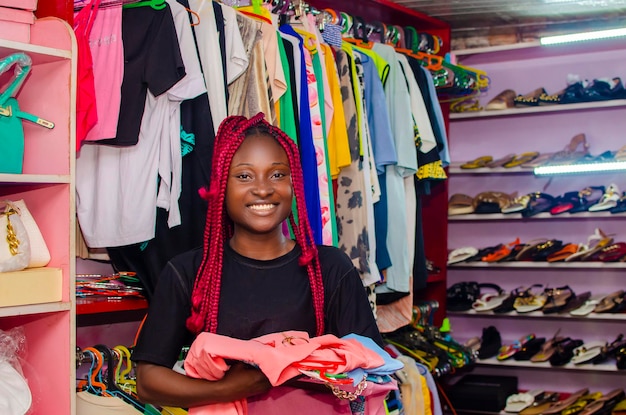 Mulher jovem e bonita africana sorrindo enquanto compra roupas na loja