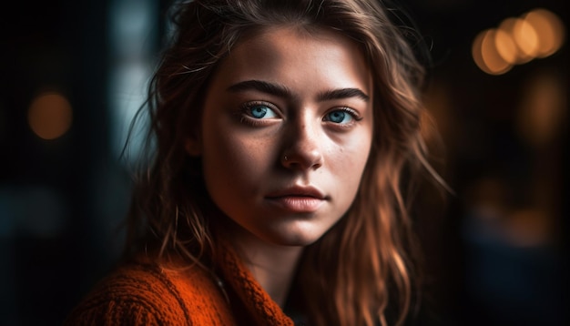 Foto grátis mulher jovem e bonita com cabelo castanho sorrindo gerado por ia