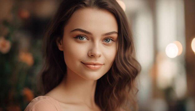 Mulher jovem e bonita com cabelo castanho sorrindo gerado por IA