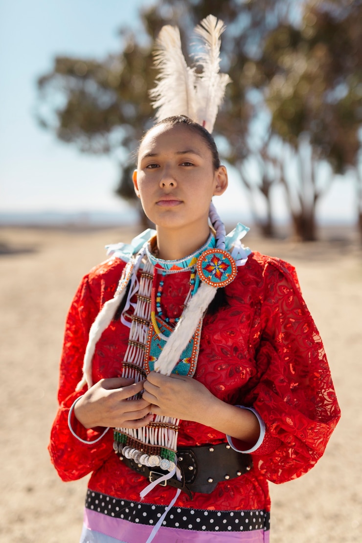 Foto grátis mulher jovem e bonita vestindo fantasia de nativo americano