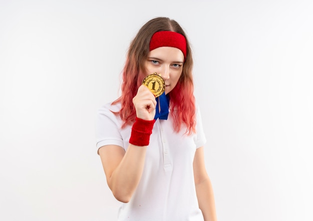 Mulher jovem e esportiva satisfeita com uma bandana mostrando sua medalha de ouro, parecendo confiante em pé sobre uma parede branca