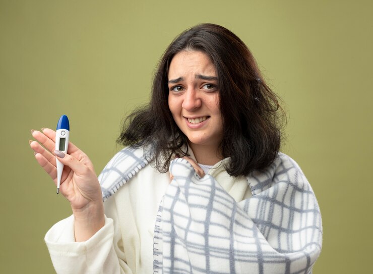 Foto grátis mulher jovem e sorridente, doente, vestindo um manto embrulhado em xadrez, mostrando o termômetro agarrando o xadrez, olhando para a frente, isolado na parede verde oliva