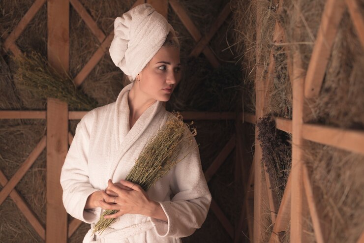 Foto grátis mulher jovem, em, bathrobe, segurando, médico, ervas