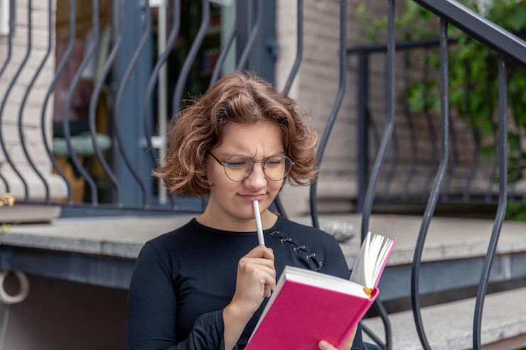 Foto grátis mulher jovem pensativa lendo um livro conceito de emoção
