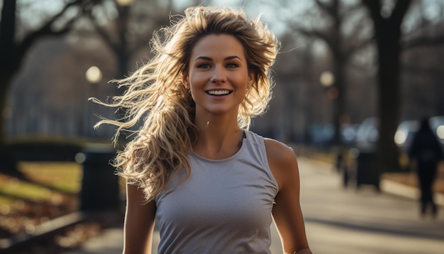 Foto grátis mulher jovem sorrindo ao ar livre desfrutando da natureza e do estilo de vida saudável gerado pela inteligência artificial