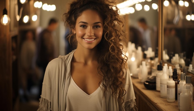 Foto grátis mulher jovem sorrindo olhando para a câmera dentro de casa roupas casuais geradas por inteligência artificial