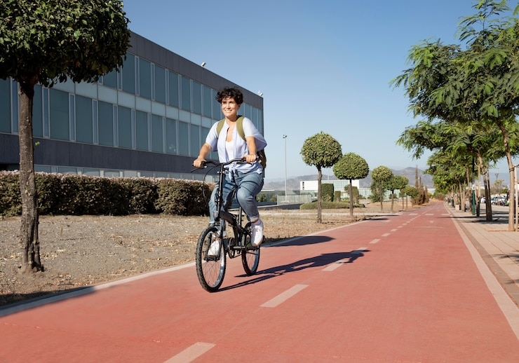 Foto grátis mulher jovem usando sua bicicleta dobrável