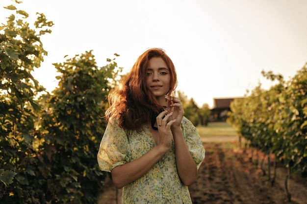 Mulher legal elegante com cabelo ondulado raposo em roupas de verão modernas olhando para a câmera e posando no fundo dos vinhedos