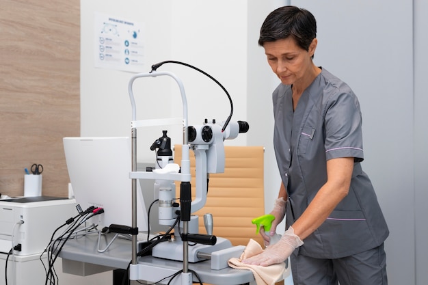 Mulher limpando o consultório do oftalmologista