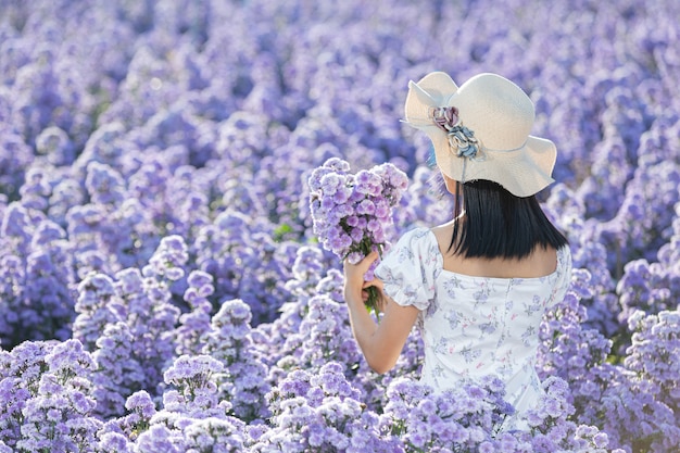 Mulher linda apreciando o campo de flores