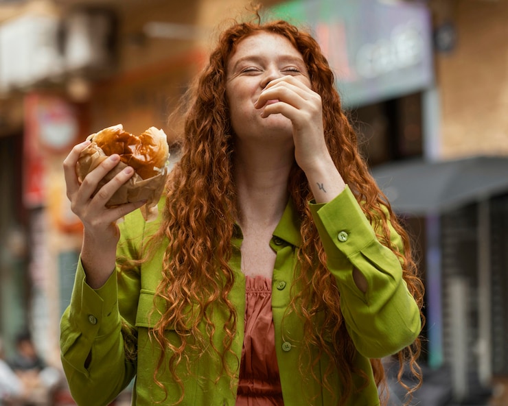 Foto grátis mulher linda comendo deliciosa comida de rua ao ar livre