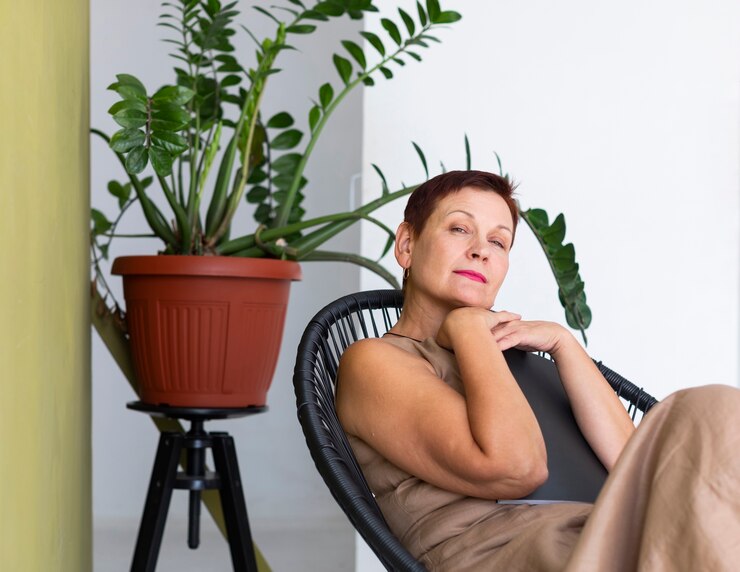 Foto grátis mulher madura elegante com revista, olhando para a câmera
