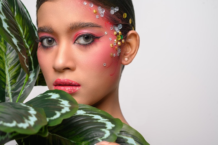 Foto grátis mulher maquiada de rosa e decorada com folhas isoladas em branco