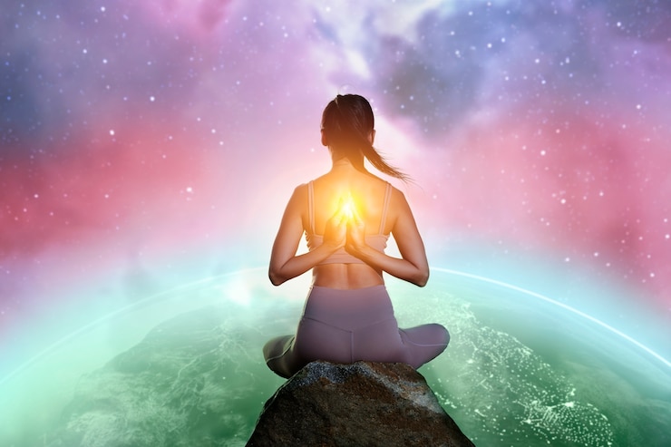 Foto grátis mulher meditando em uma rocha