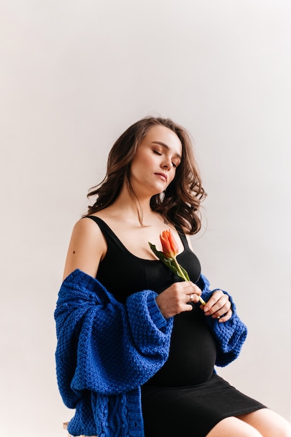 Mulher morena encaracolada com casaco de lã azul segura uma tulipa. Mulher grávida encantadora em poses de vestido preto em fundo isolado.