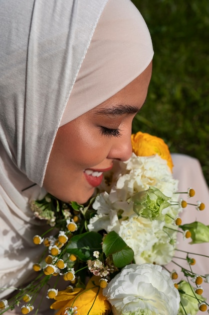 Foto grátis mulher muçulmana de alto ângulo posando ao ar livre