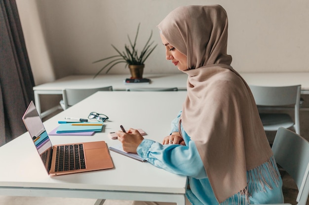 Mulher muçulmana moderna em hijab na sala de escritório