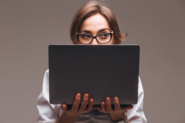 Mulher negócio, com, computador, isolado